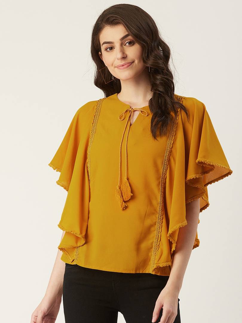 Stylish Yellow Polyester Lace Work Kaftan Tops For Women And Girls