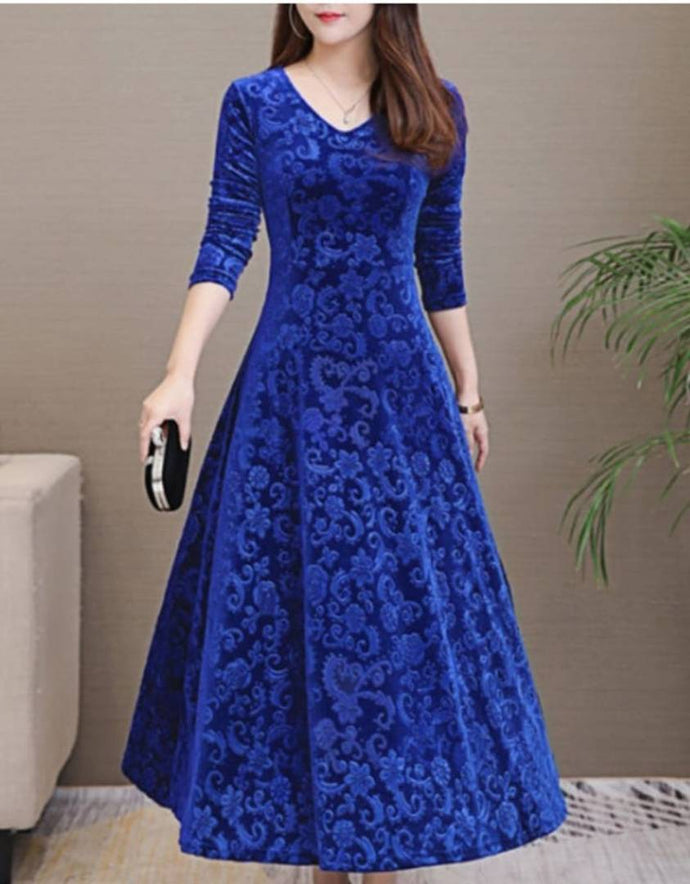 Stylish Royal Blue Self Pattern Velvet Long Dress