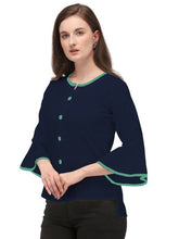 Load image into Gallery viewer, Alluring Navy Blue Soft Ruby Cotton Self Design Round Flared Sleeves Tops For Women