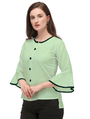 Alluring Pista Soft Ruby Cotton Self Design Round Flared Sleeves Tops For Women