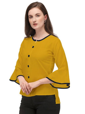 Alluring Yellow Soft Ruby Cotton Self Design Round Flared Sleeves Tops For Women
