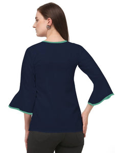 Alluring Navy Blue Soft Ruby Cotton Self Design Round Flared Sleeves Tops For Women
