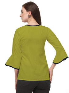 Alluring Green Soft Ruby Cotton Self Design Round Flared Sleeves Tops For Women