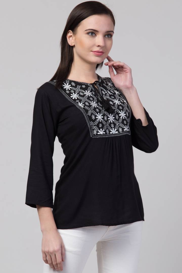 Women Casual Embroidered Women Black Top