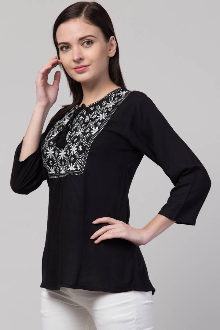 Women Casual Embroidered Women Black Top