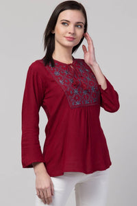 Women Casual Embroidered Women Maroon Top