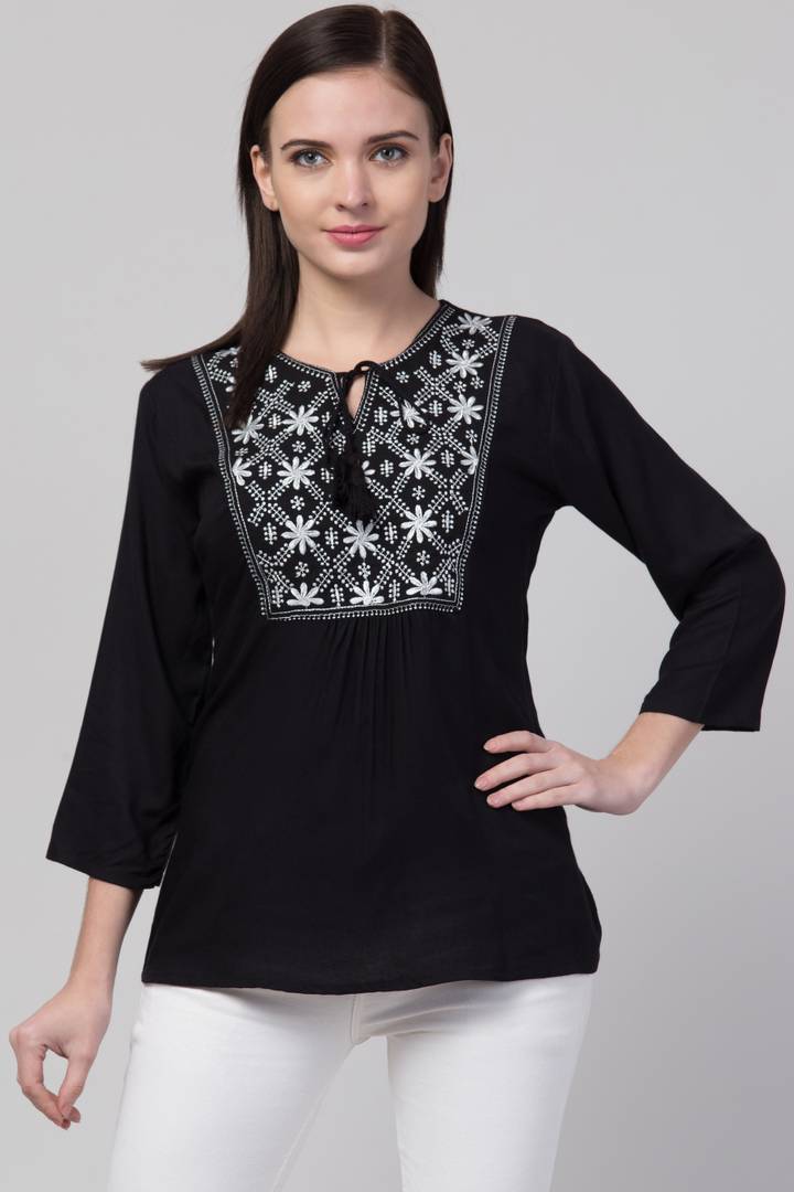 Women Casual Embroidered Women Black Top