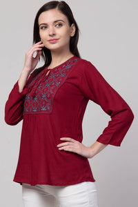 Women Casual Embroidered Women Maroon Top