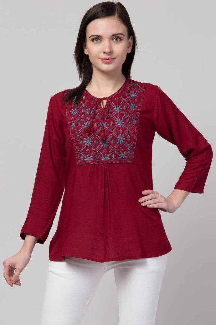 Women Casual Embroidered Women Maroon Top