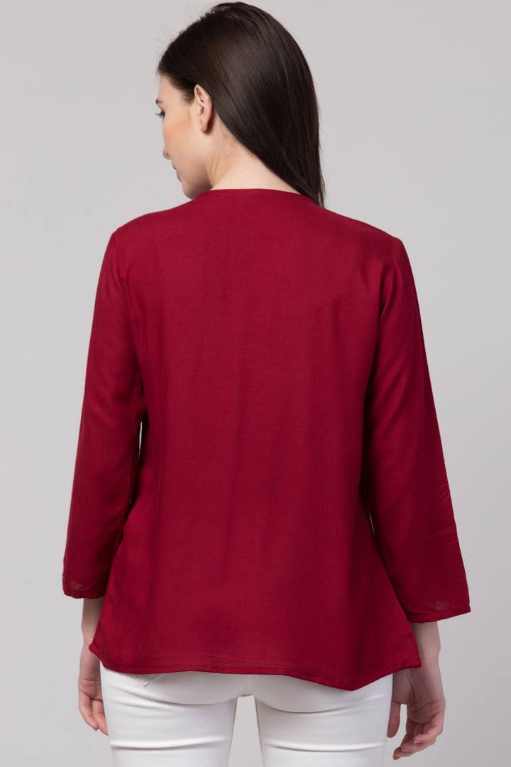 Women Casual Embroidered Women Maroon Top