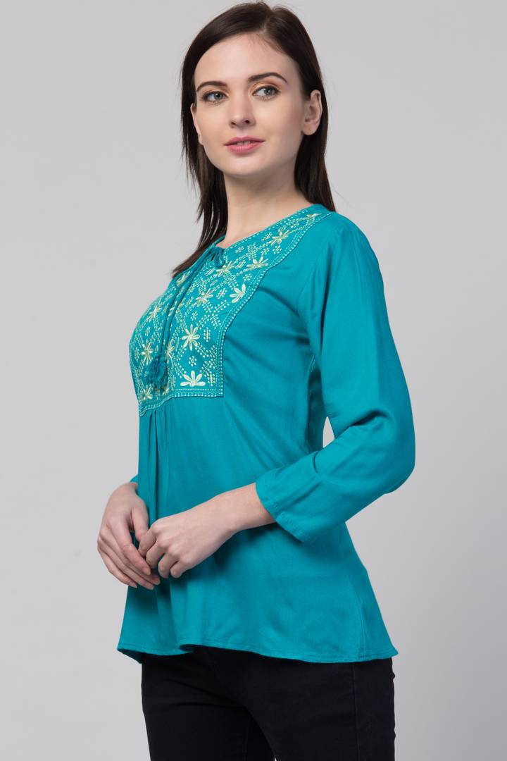 Women Casual Embroidered Women Blue Top