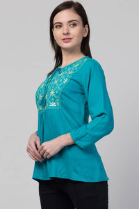 Women Casual Embroidered Women Blue Top