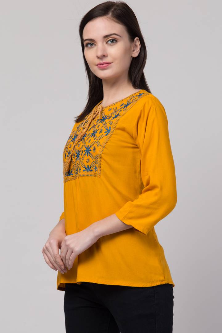 Women Casual Embroidered Women Mustard Top