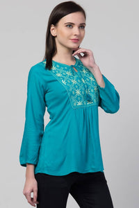 Women Casual Embroidered Women Blue Top