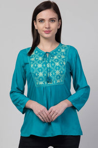 Women Casual Embroidered Women Blue Top