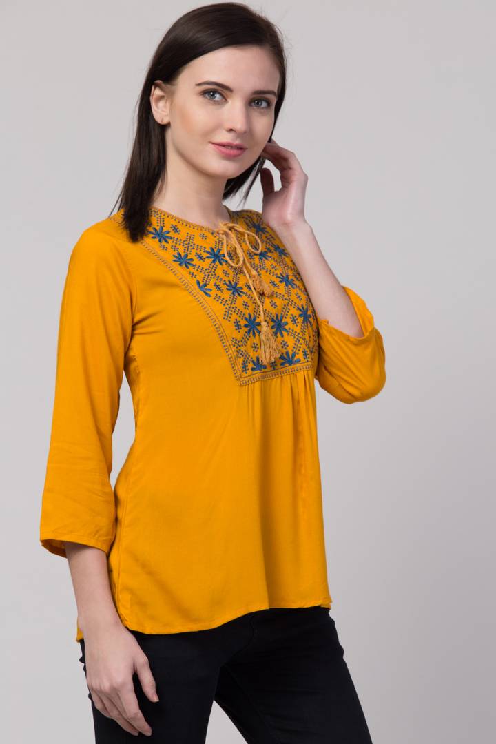 Women Casual Embroidered Women Mustard Top