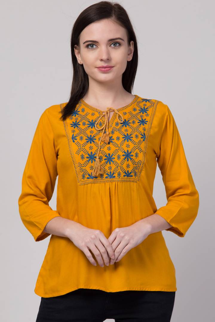 Women Casual Embroidered Women Mustard Top