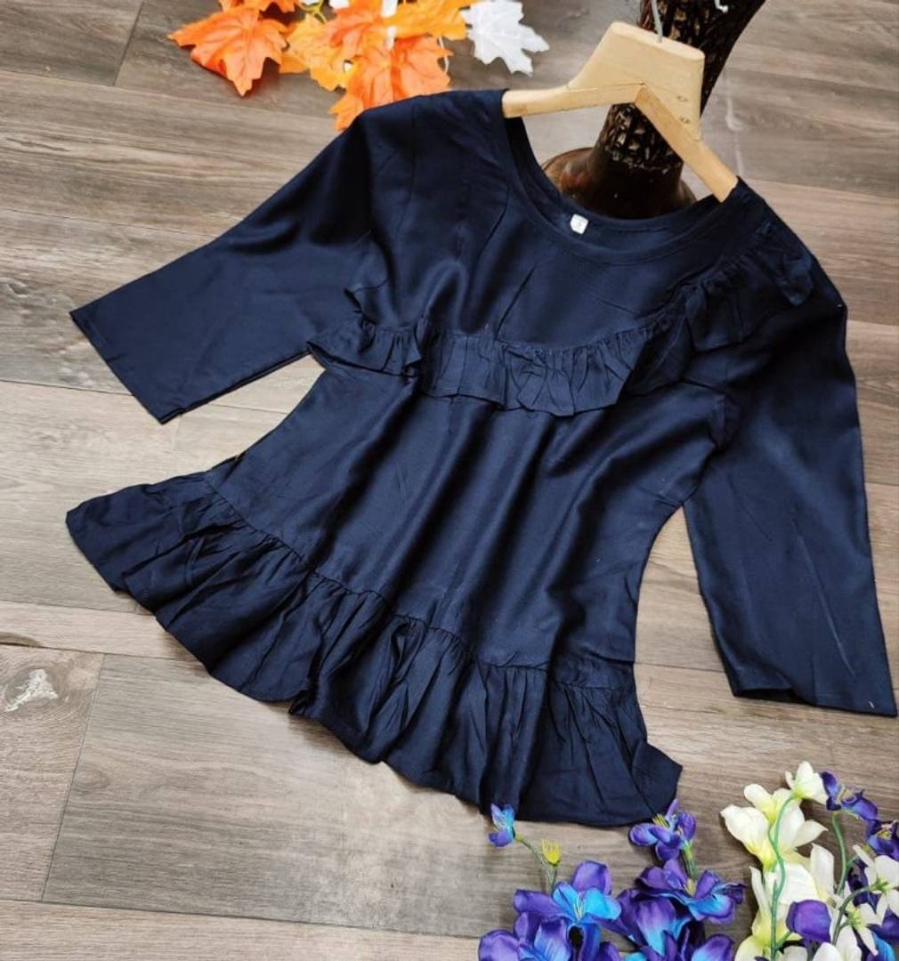 Stunning Navy Blue Heavy Rayon Solid Cross Flared Tops For Women And Girls