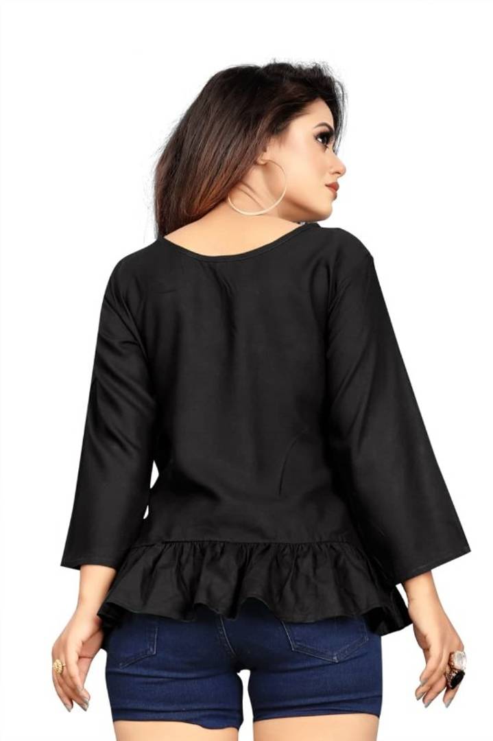 Stunning Black Heavy Rayon Solid Cross Flared Tops For Women And Girls