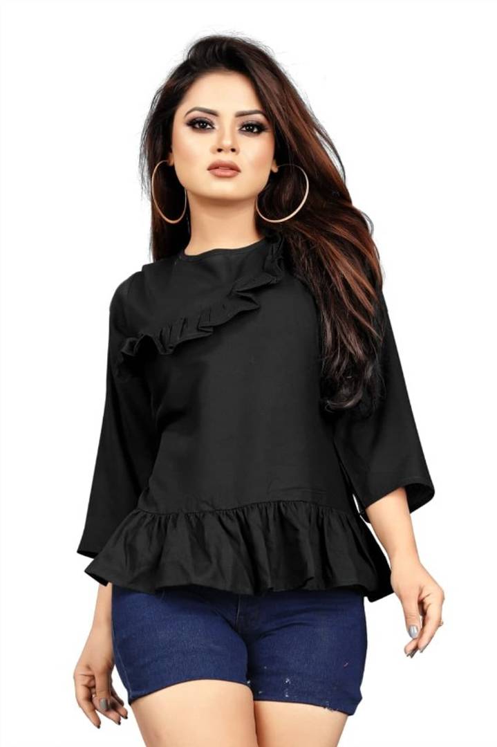 Stunning Black Heavy Rayon Solid Cross Flared Tops For Women And Girls