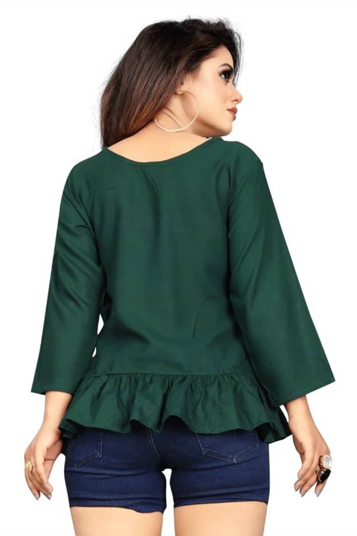 Stunning Olive Heavy Rayon Solid Cross Flared Tops For Women And Girls