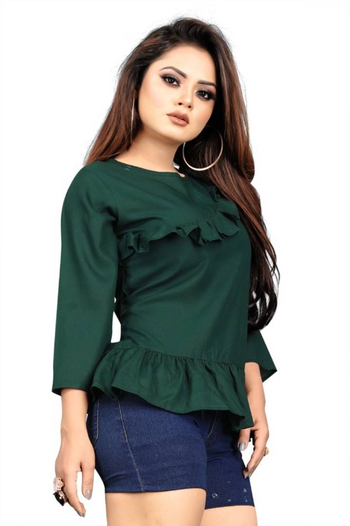 Stunning Olive Heavy Rayon Solid Cross Flared Tops For Women And Girls