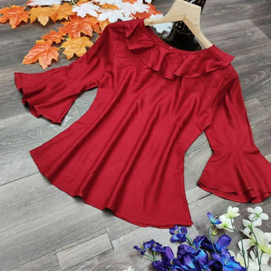 Alluring Red Heavy Rayon Solid Round Neck Flair Tops For Women And Girls
