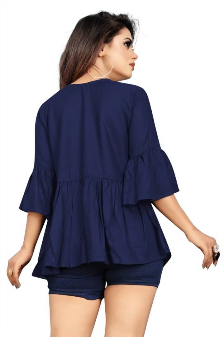 Contemporary Navy Blue Heavy Rayon Solid V Neck With Dori Tops For Women And Girls