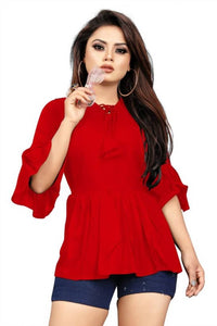 Contemporary Red Heavy Rayon Solid V Neck With Dori Tops For Women And Girls