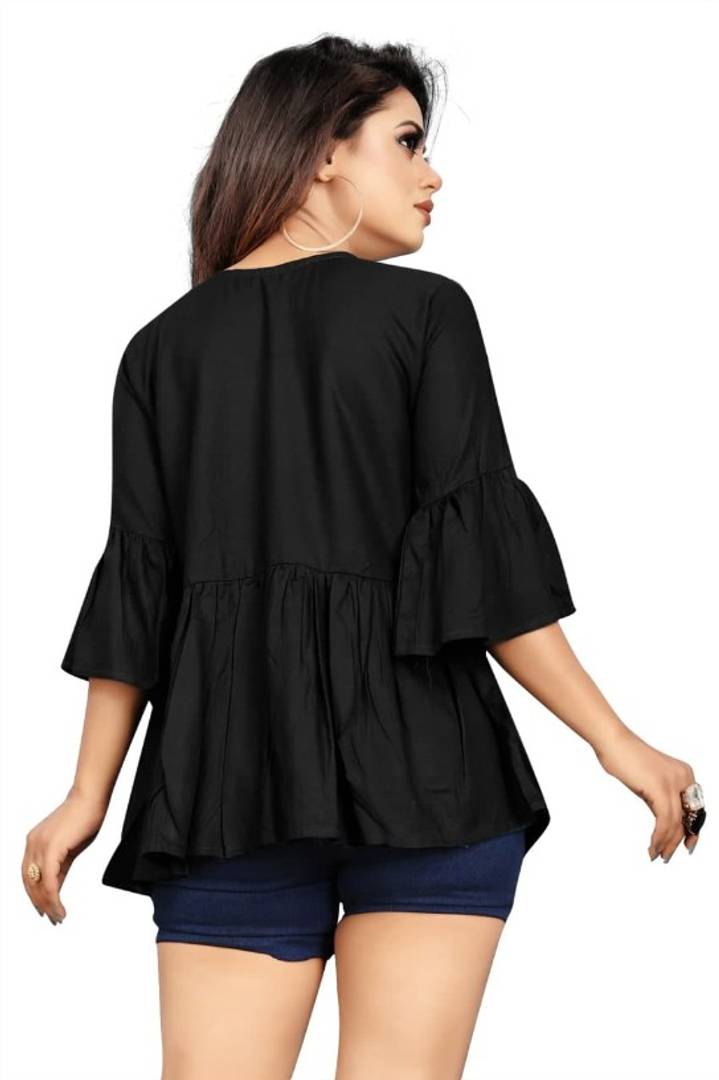 Contemporary Black Heavy Rayon Solid V Neck With Dori Tops For Women And Girls