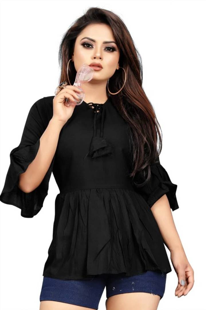 Contemporary Black Heavy Rayon Solid V Neck With Dori Tops For Women And Girls