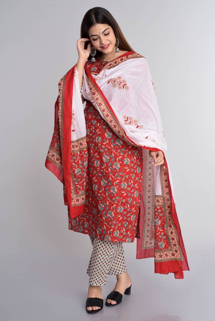Stylish Red & White Cotton Flora Print Kurta With Pant Set And Dupatta Set