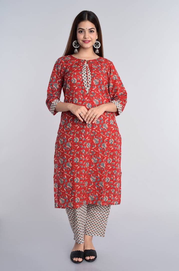 Stylish Red & White Cotton Flora Print Kurta With Pant Set And Dupatta Set