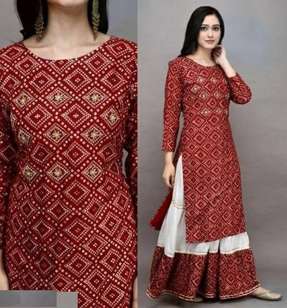 Stunning Red Cotton Printed Kurta with Cotton Skirt For Women