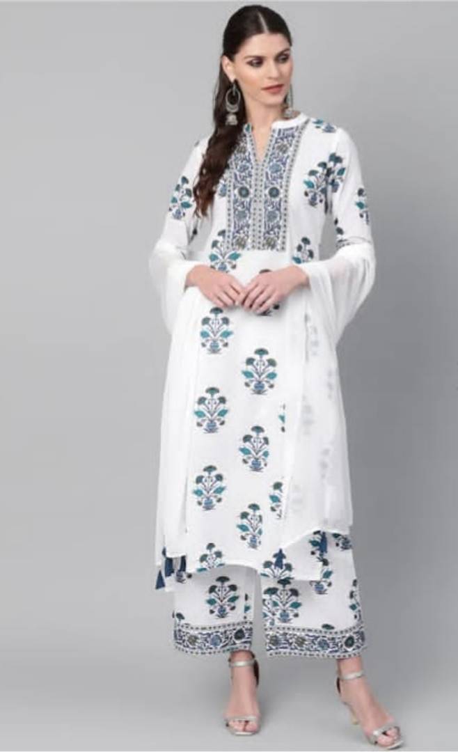 Stylish Rayon Printed Kurta With Palazzo With Dupatta Set