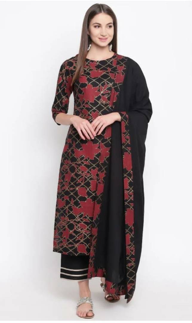Stylish Rayon Printed Kurta With Palazzo With Dupatta Set