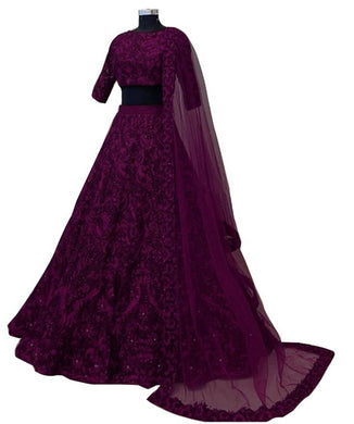 Women's Purple Taffeta Silk Heavy Chain Embroidery Mirror And Stone Work Semi-Stitched Semi-Stitched Lehenga Choli