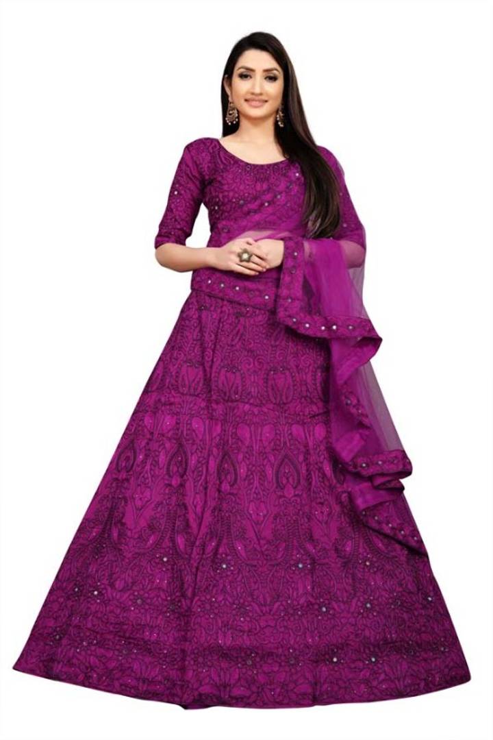 Women's Purple Taffeta Silk Heavy Chain Embroidery Mirror And Stone Work Semi-Stitched Semi-Stitched Lehenga Choli