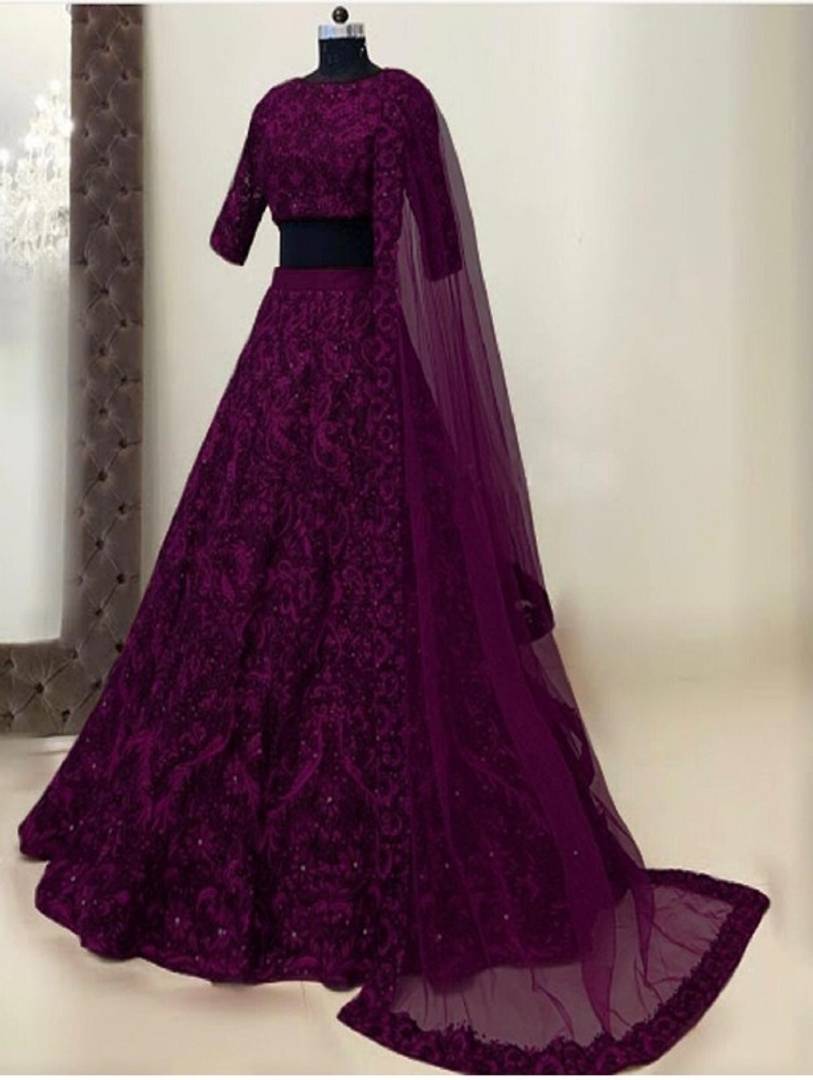 Women's Purple Tafeta Silk Heavy Chain Embroidery Mirror And Stone Work Semi-Stitched Semi-Stitched Lehenga Choli With Dupatta