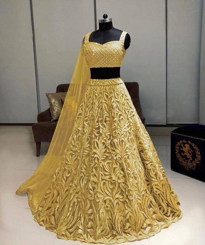 Women's Yellow Net Embroidered Lehenga Choli