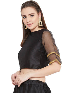 Women's Black Row Silk With Lace Back Open Readymade Designer Saree Lehenga Non Padded Blouse