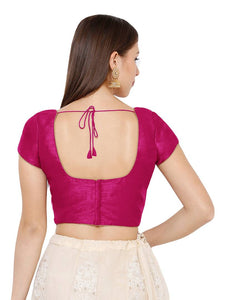 Women's Silk Back Open Round Neck Short Sleeve Designer Sleeveless Readymade Padded Blouse
