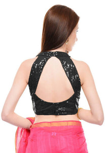 Women's Silk Original Sequine Back Open Double Halter Designer Saree Lehenga Readymade Padded Blouse