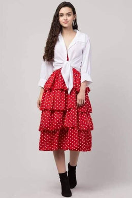 Elegant Red Poly Crepe Printed Dress with Solid Shrug For Women