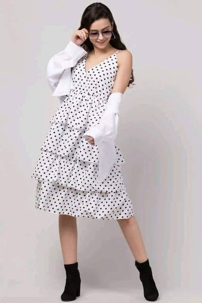 Elegant White Poly Crepe Printed Dress with Solid Shrug For Women