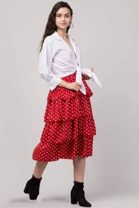 Elegant Red Poly Crepe Printed Dress with Solid Shrug For Women