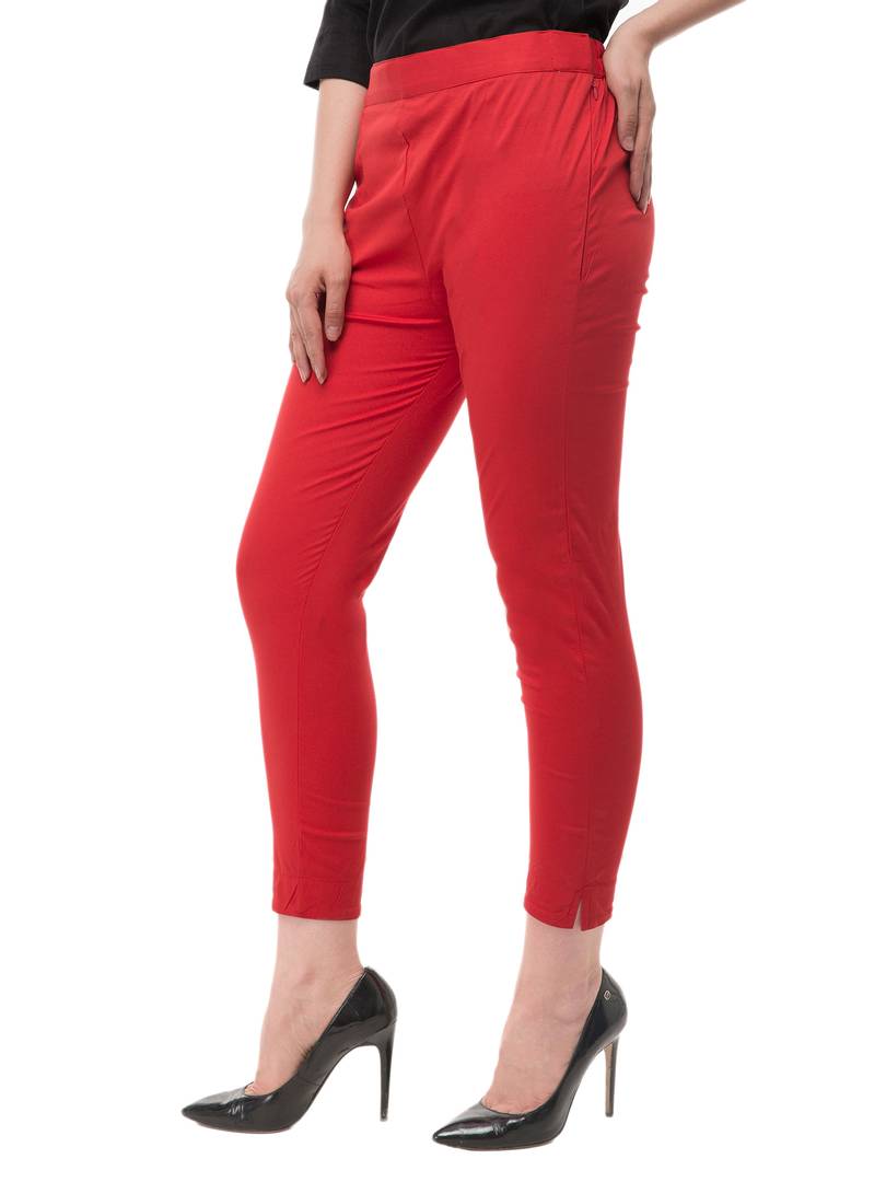 Women's Red Cotton Blend Solid Mid Rise Skinny Fit Jeggings