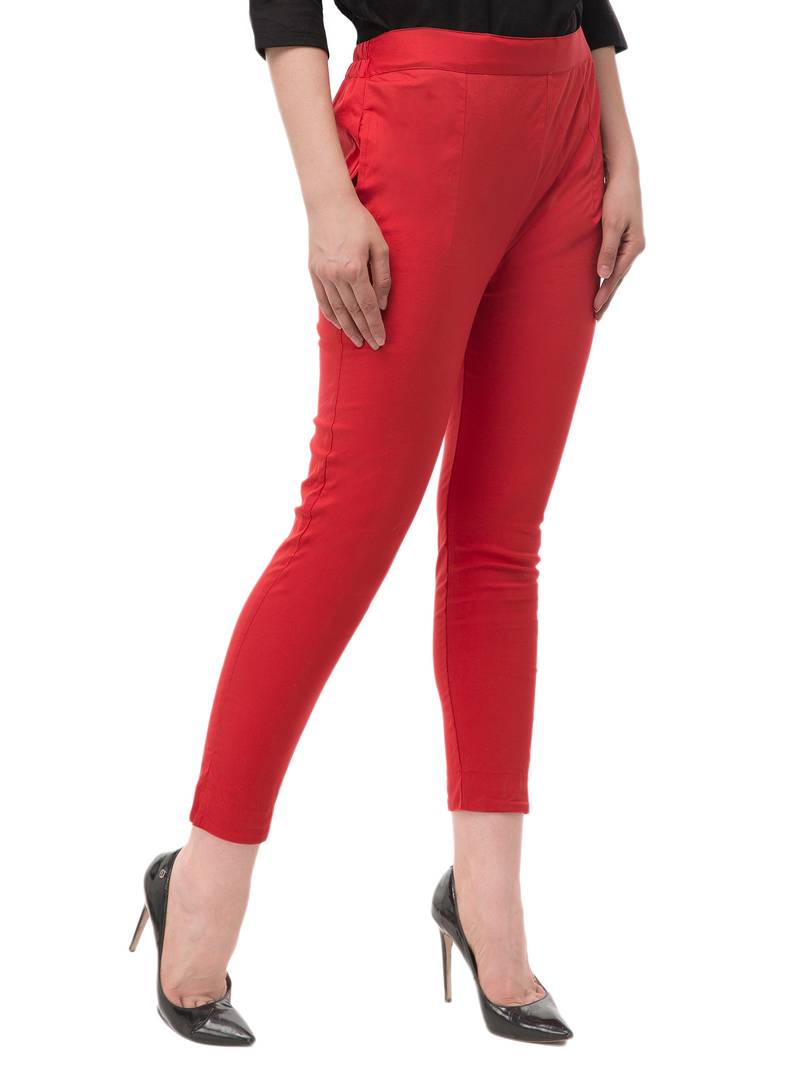 Women's Red Cotton Blend Solid Mid Rise Skinny Fit Jeggings