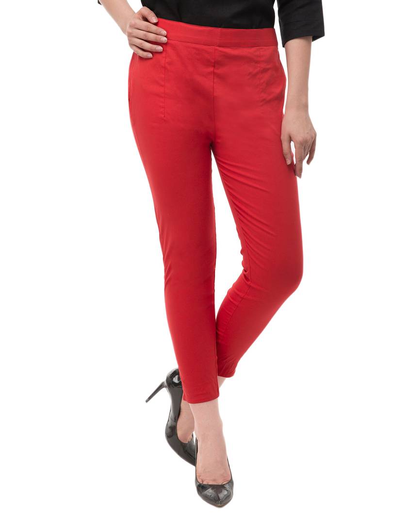 Women's Red Cotton Blend Solid Mid Rise Skinny Fit Jeggings