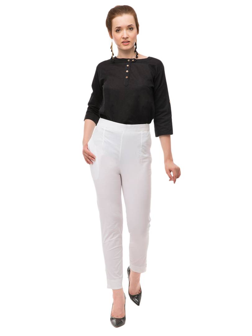 Women's White Cotton Blend Solid Mid Rise Skinny Fit Jeggings